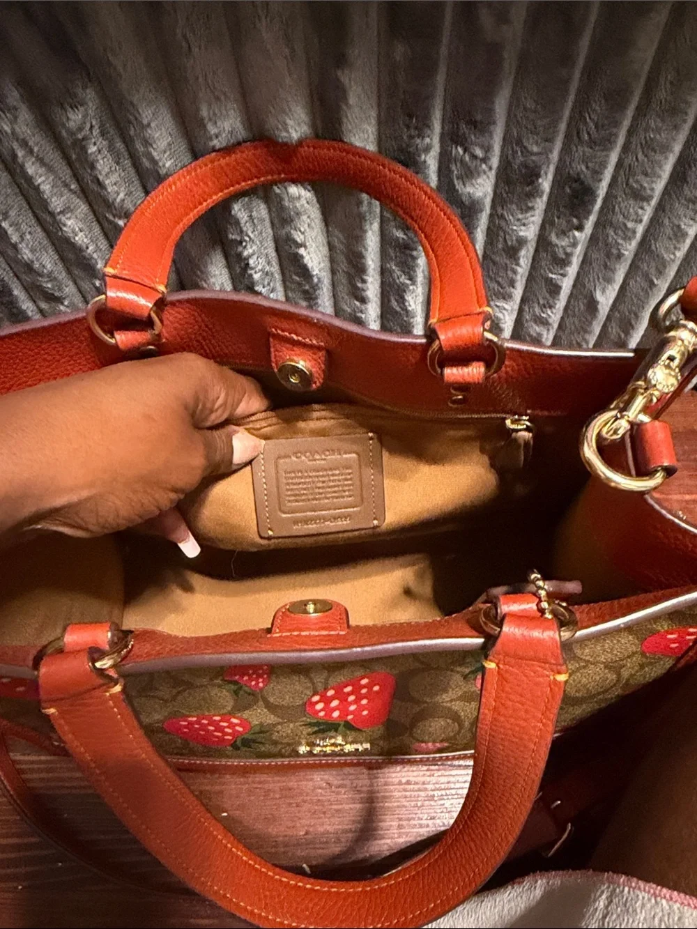 Coach Strawberry Print Signature Canvas Tote in Orange